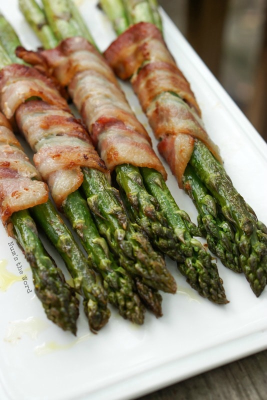 Bacon Wrapped Asparagus - Asparagus photo taken at a side angel, cooked and ready to be eaten