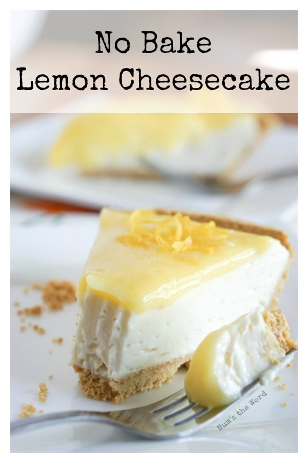 No Bake Lemon Cheesecake - Main image for recipe of slice of cake on plate with a fork ful