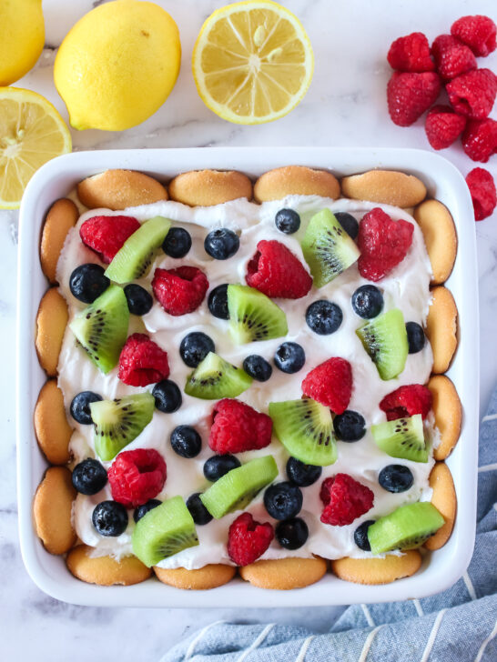 finished lemon raspberry mousse with fruit on top