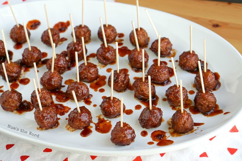 Cranberry Barbecue Meatballs - zoomed out image of meatballs on a platter ready for a party!