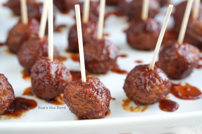 Cranberry Barbecue Meatballs - close up image of meatballs on a platter