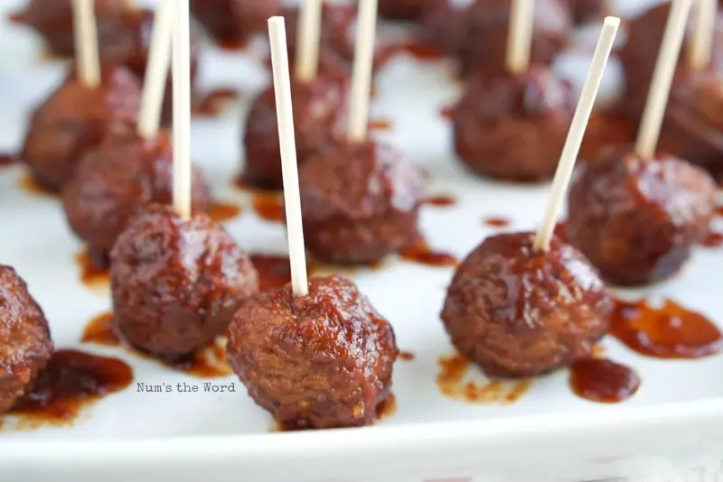 Cranberry Barbecue Meatballs - close up image of meatballs on a platter