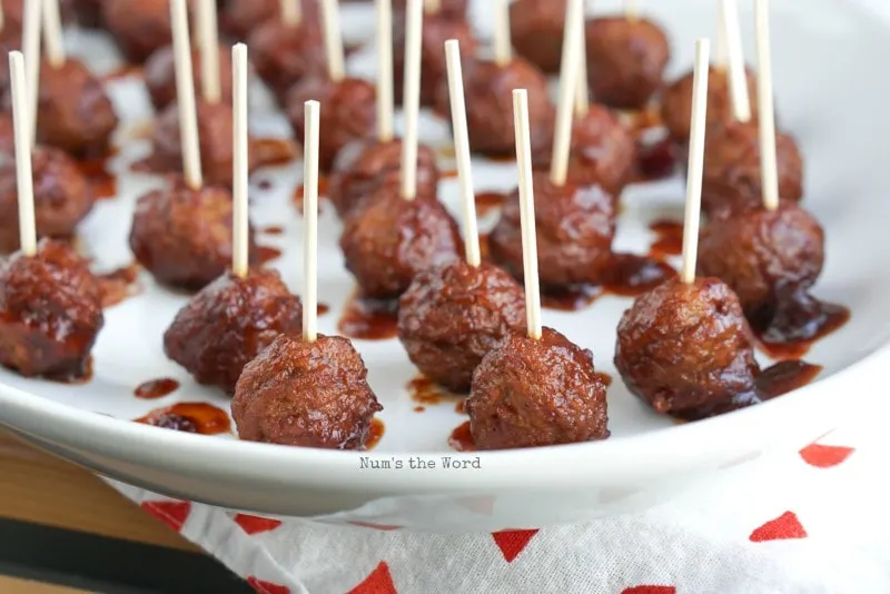 Cranberry Barbecue Meatballs - meatballs on platter ready for party!
