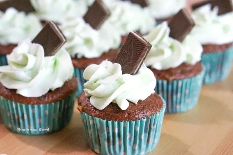 Andes Mint Cupcakes - Close up of cupcakes with mints in them.