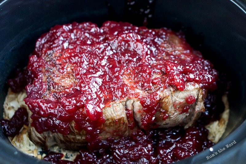 Cranberry Pot Roast - cranberry sauce poured on top of roast.