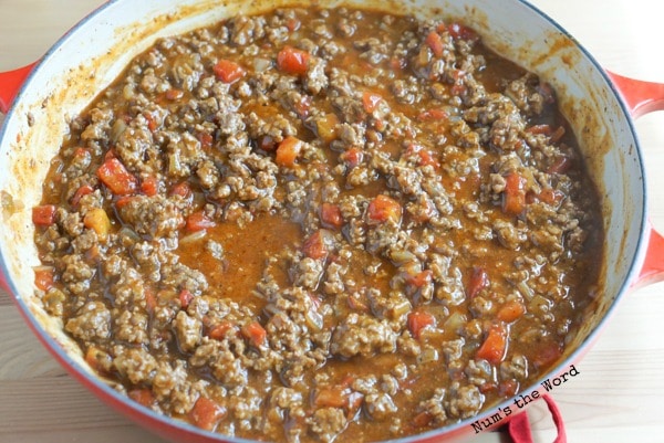 Mexican Sloppy Joes - sloppy joe mixture cooked down for 5 minutes.