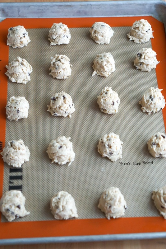 Krispy Coconut Oatmeal Cookies - cookie dough on baking sheet ready to go in oven