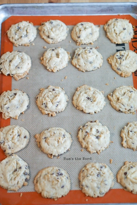 Krispy Coconut Oatmeal Cookies - fresh baked cookies on sheet