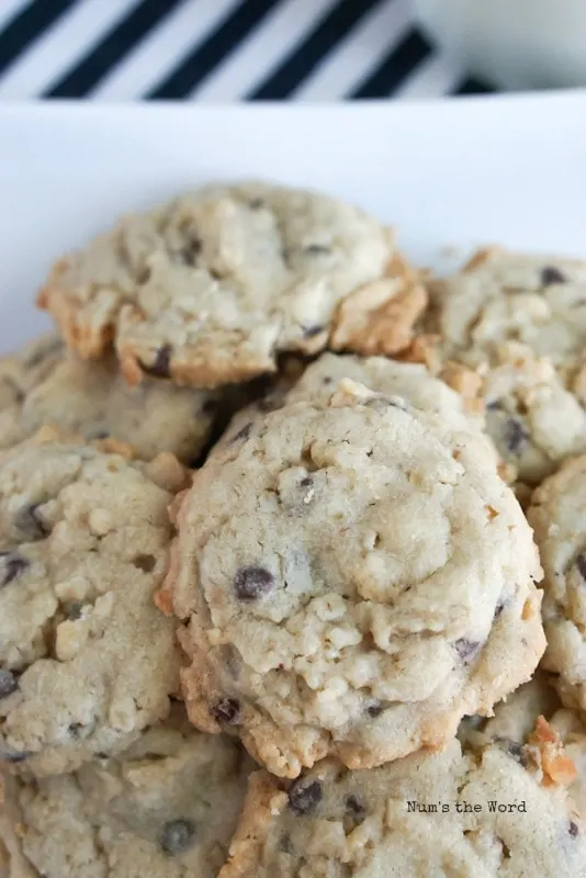 Krispy Coconut Oatmeal Cookies - close up of cookies on plate