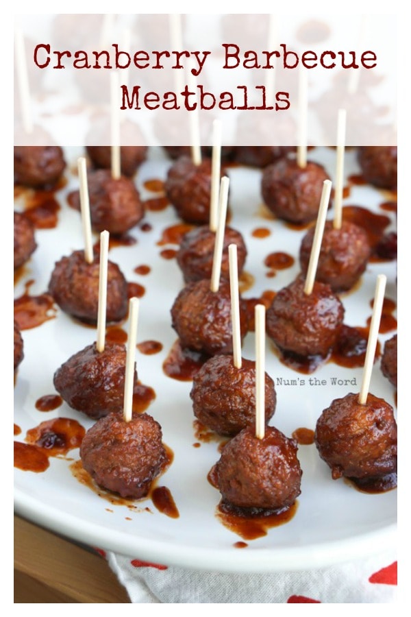 Cranberry Barbecue Meatballs - Main image for recipe of meatballs on platter with toothpicks in them.