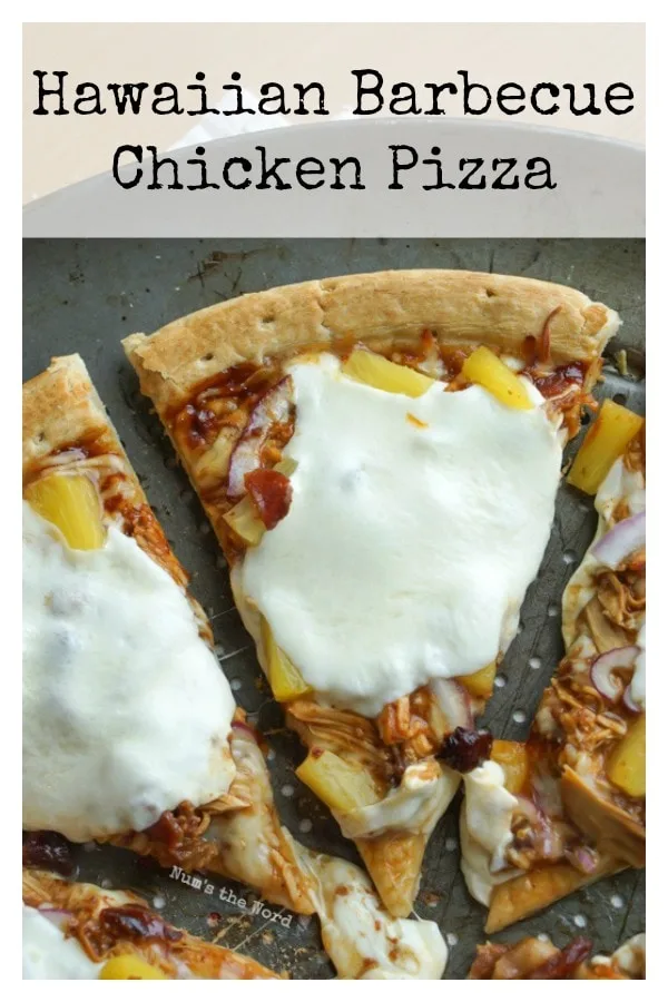 Hawaiian Barbecue Chicken Pizza - main image for recipe of pizza on pan. Photo taken from above.