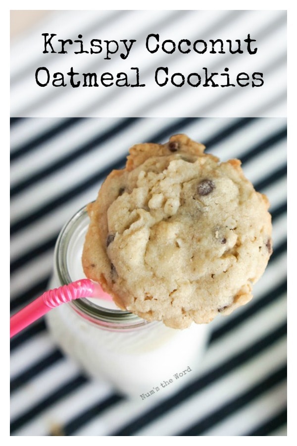 Krispy Coconut Oatmeal Cookies - cookie on top of a glass of milk