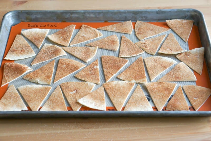 Cinnamon Sugar Tortilla Chips - tortillas on cookie sheet, unbaked