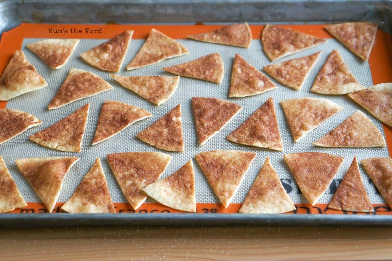 Cinnamon Sugar Tortilla Chips - baked chips on cookie sheet