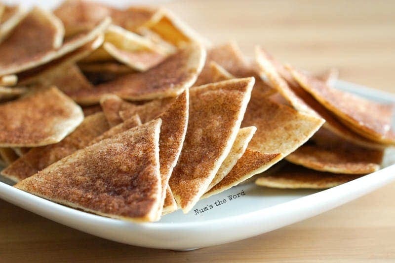 Cinnamon Sugar Tortilla Chips - chips on a platter photo taken from side angle