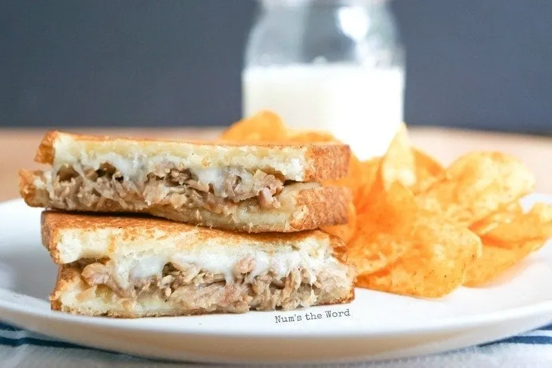 Leftover Pulled Pork Grilled Cheese - zoomed out image of sandwich on plate