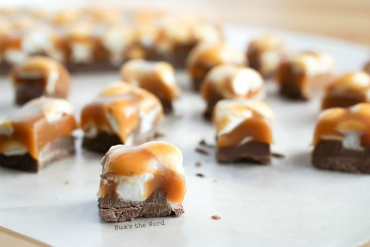 bite sized scotchmallows on a piece of wax paper. Photo taken from in front of them.