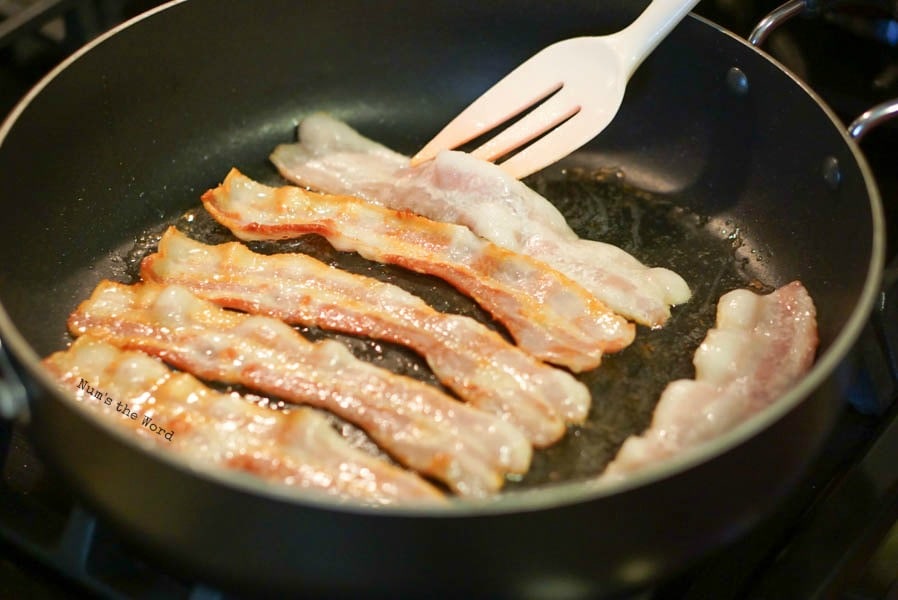 Brown Sugar & Bacon Green Beans - frying bacon in a skillet