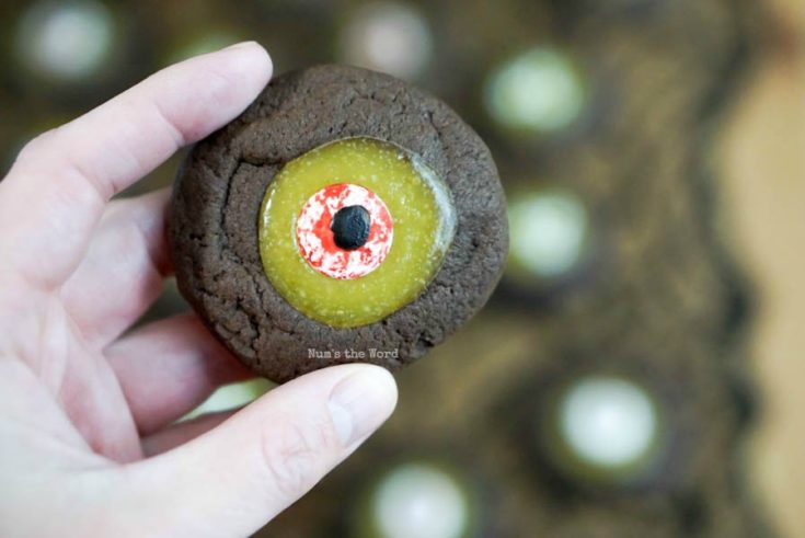 Monster Eye Ball Cookies - single cookie up close in hand to show size.