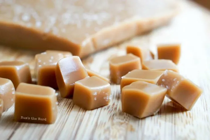 Maple Caramels - sliced caramels on cutting board ready to be eaten!