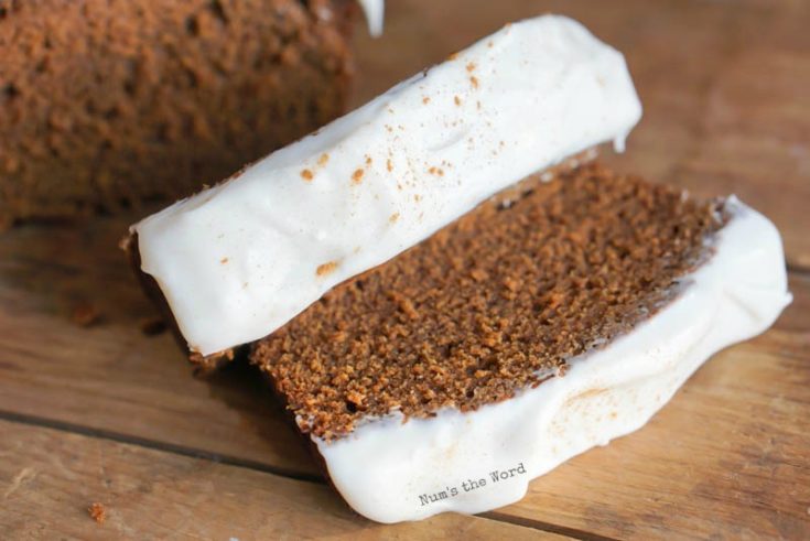 Gingerbread Cake - sliced frosted cake pieces on a cutting board