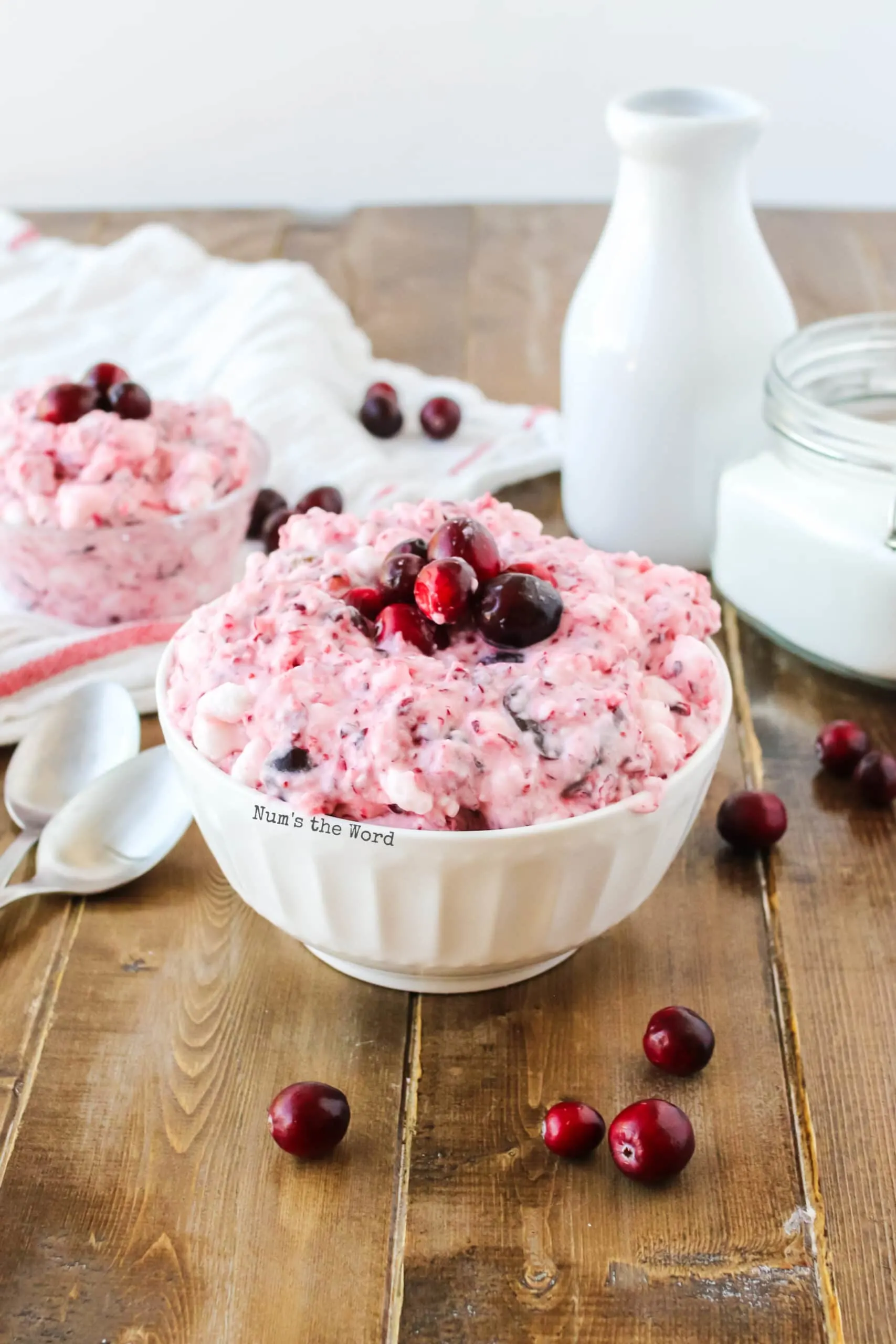 cranberry fluff in large bowl side view.