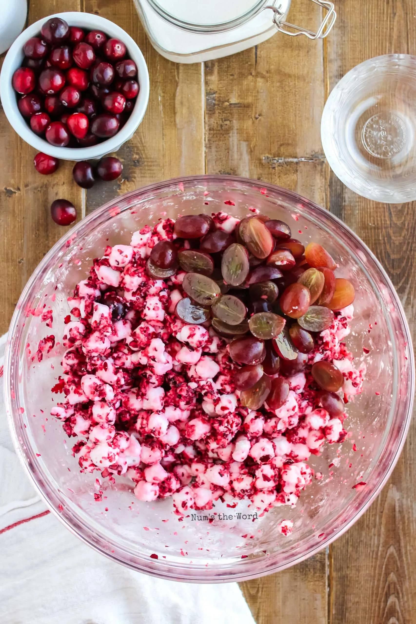 grapes added to the cranberry and marshmallow mixture that has been sitting overnight