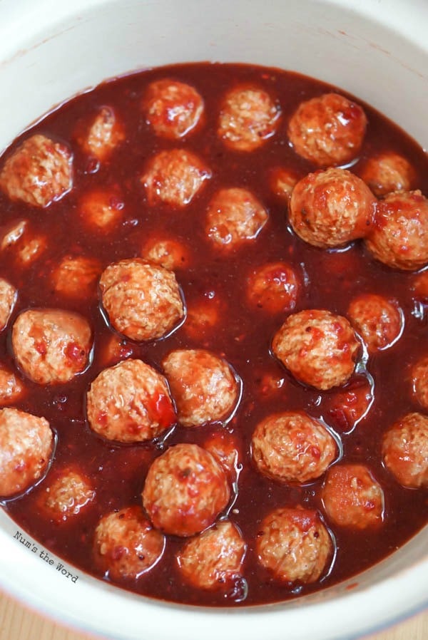 Chili Cranberry Meatballs - meatballs added to cranberry mixture. 