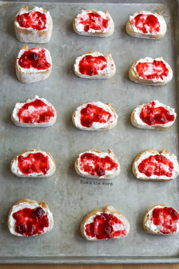 Leftover Cranberry Sauce Bruschetta - cranberry sauce spread on top of cream cheese