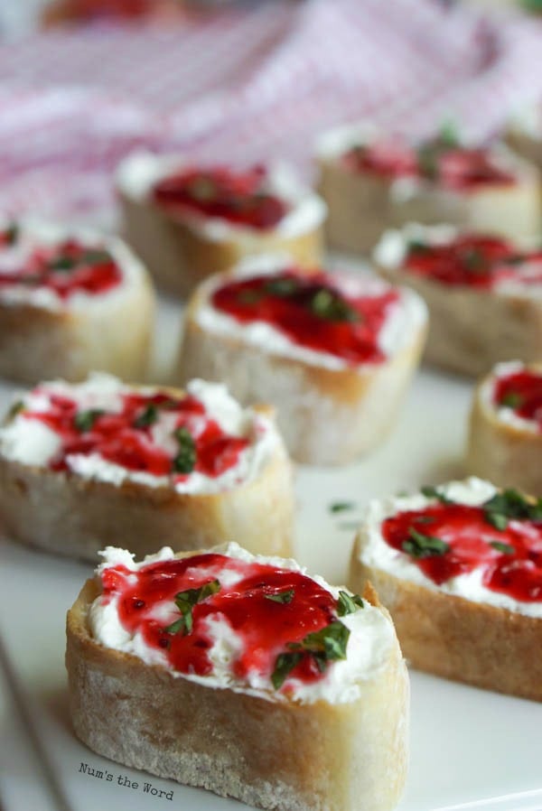 Leftover Cranberry Sauce Bruschetta - bruschetta on a serving platter ready for a party