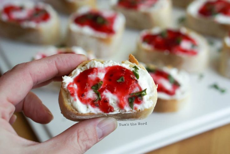 Leftover Cranberry Sauce Bruschetta - fingers holding up a single bruschetta close to camera lens