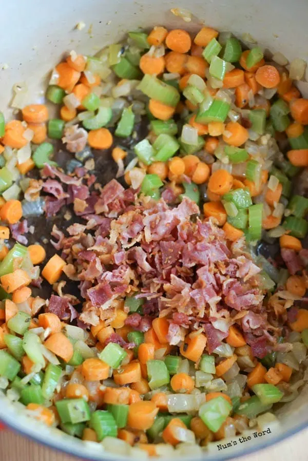 Ham Bone & Vegetable Soup - diced bacon added to vegetables