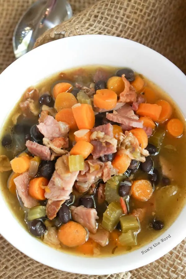 Ham Bone & Vegetable Soup - zoomed image of soup in bowl