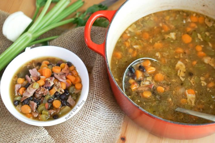 Ham Bone & Vegetable Soup - bowl of soup next to pot of soup