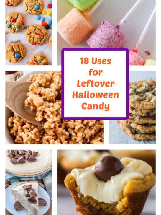 Collage of images for recipe post of 18 uses for Leftover Halloween Candy. 6 different recipes shown in photos.