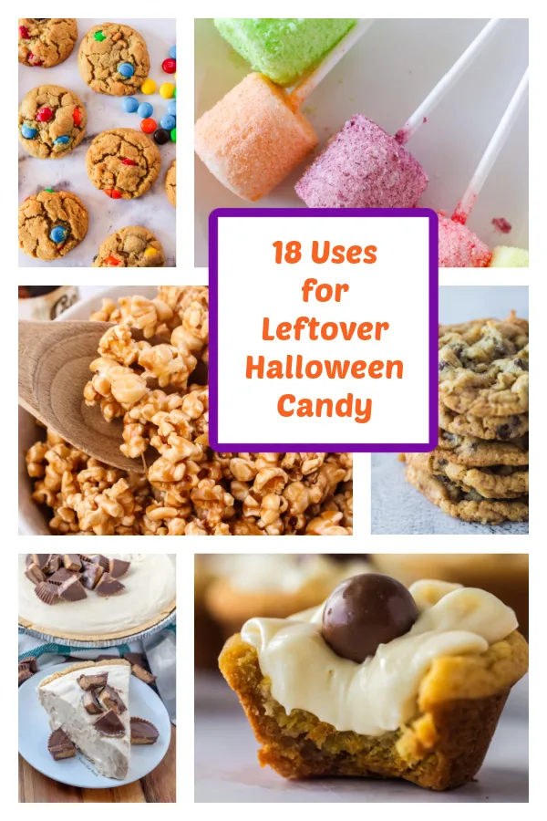 Collage of images for recipe post of 18 uses for Leftover Halloween Candy. 6 different recipes shown in photos.