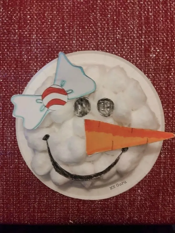 Paper Plate Snowman Craft - finished craft with bow