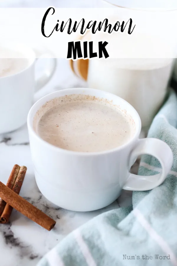 Main image of a cup of warm cinnamon milk with a jar of cinnamon milk powder in the background