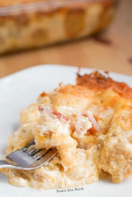 Ham & Tater Tot Breakfast Casserole - serving on a plate with a fork digging into it.
