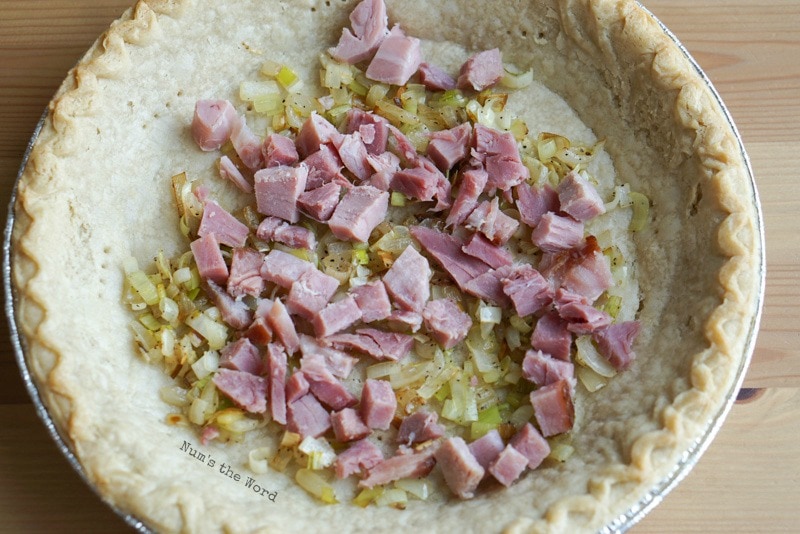 Ham & Cheese Quiche - 1/2 onion mixture and ham inside prebaked pie crust.