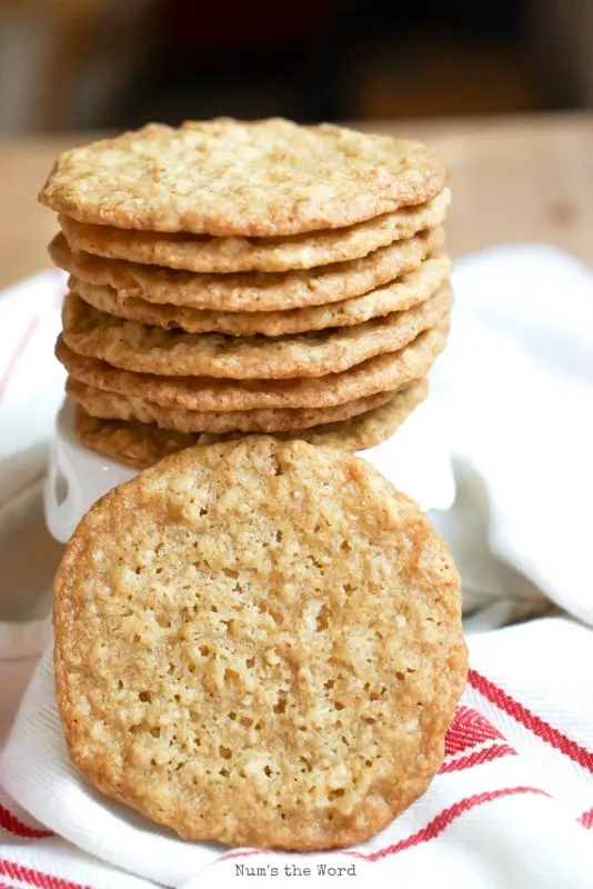 Chewy Oatmeal Lace Cookies - Cookies stacked on top of each other