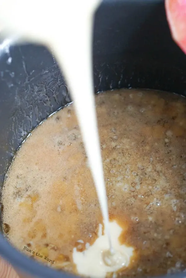 Grandma's Soft & Chewy Caramel Corn - brown sugar mixture at a boil with condensed milk added