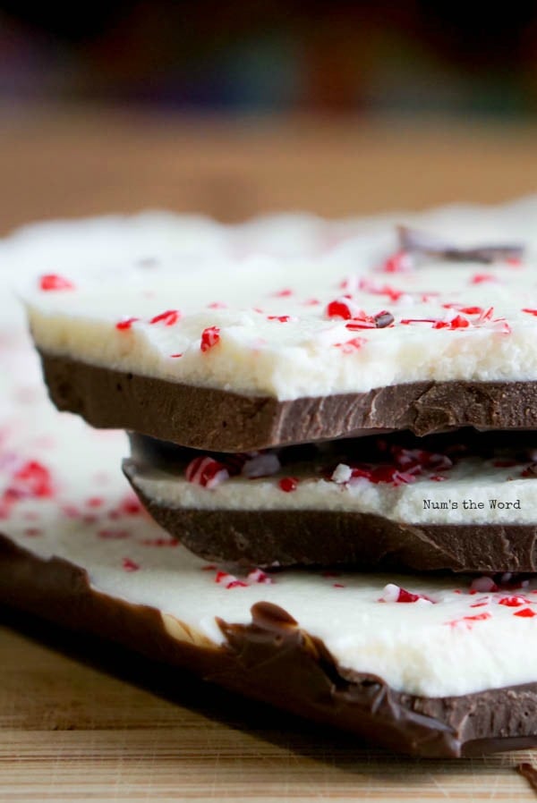 Homemade Peppermint Bark - large pieces of peppermint bark stacked on top of each other.