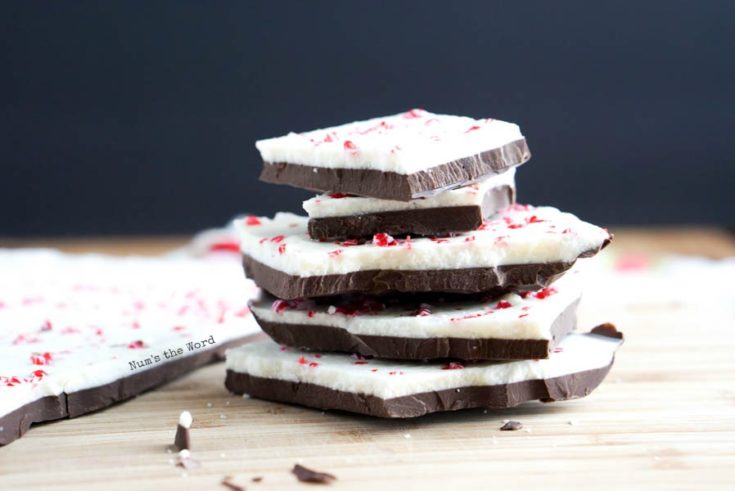 Homemade Peppermint Bark - side view of peppermint bark stacked on top of each other.