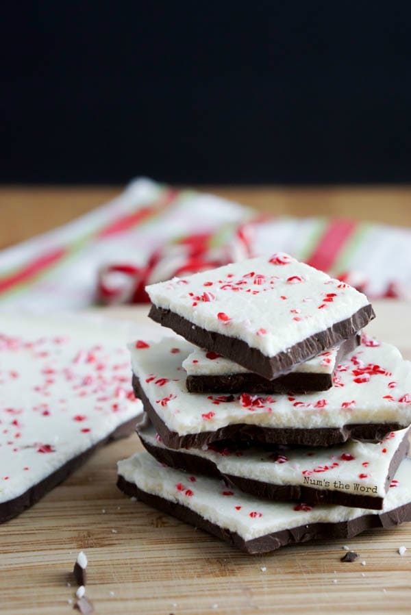 Homemade Peppermint Bark - top side angle of peppermint bark stacked on top of each other.