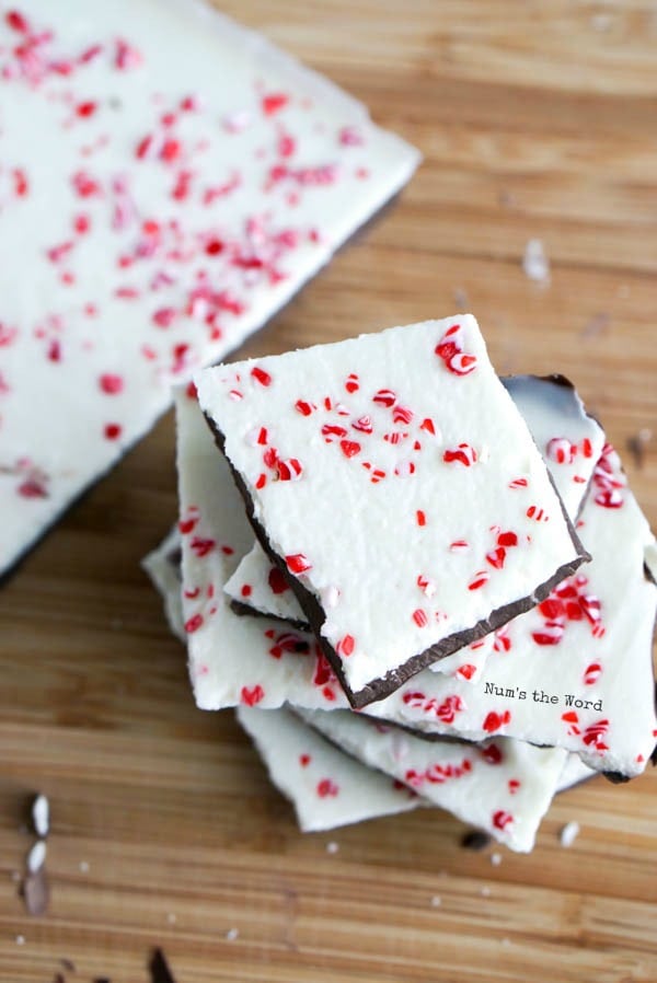 Homemade Peppermint Bark - top view of peppermint bark stacked on top of each other.