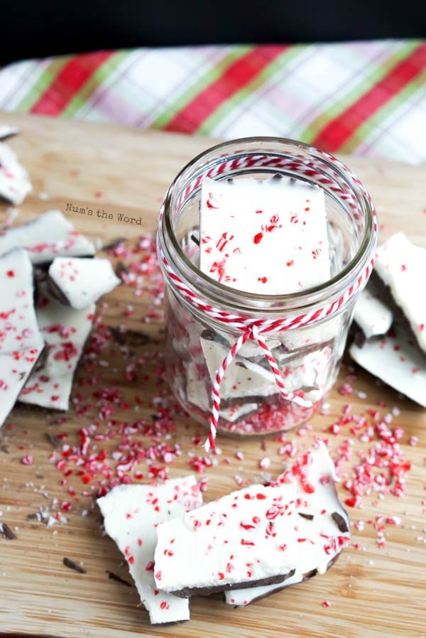 Homemade Peppermint Bark - Peppermint Bark in a jar ready to give to a friend or neighbor