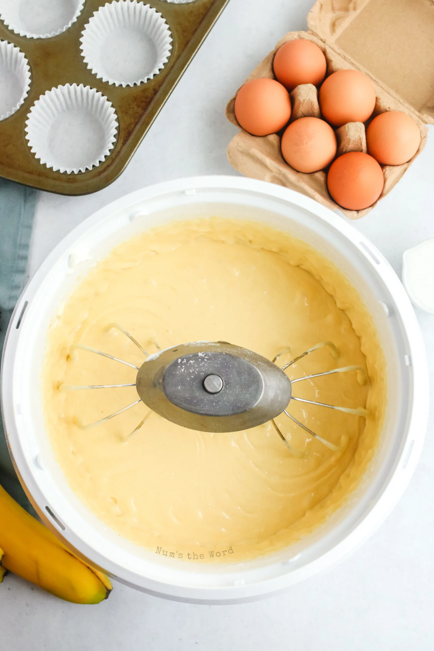 cupcake batter in mixing bowl, ready to fill liners with.