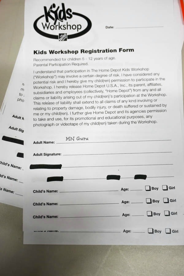 Home Depot Kids Workshop - registration form.