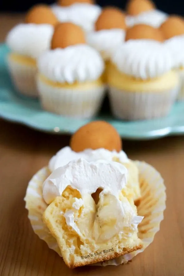 Banana Pudding Cupcakes - cupcake cut in half to show pudding and banana.